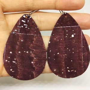 Purple teardrop cork earrings with gold flakes
